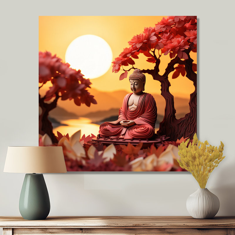 Bouddha rouge au coucher du soleil d'automne, impression d'art mural bouddhisme, Métal métal, H 30 po x l 30 po x P 1 po