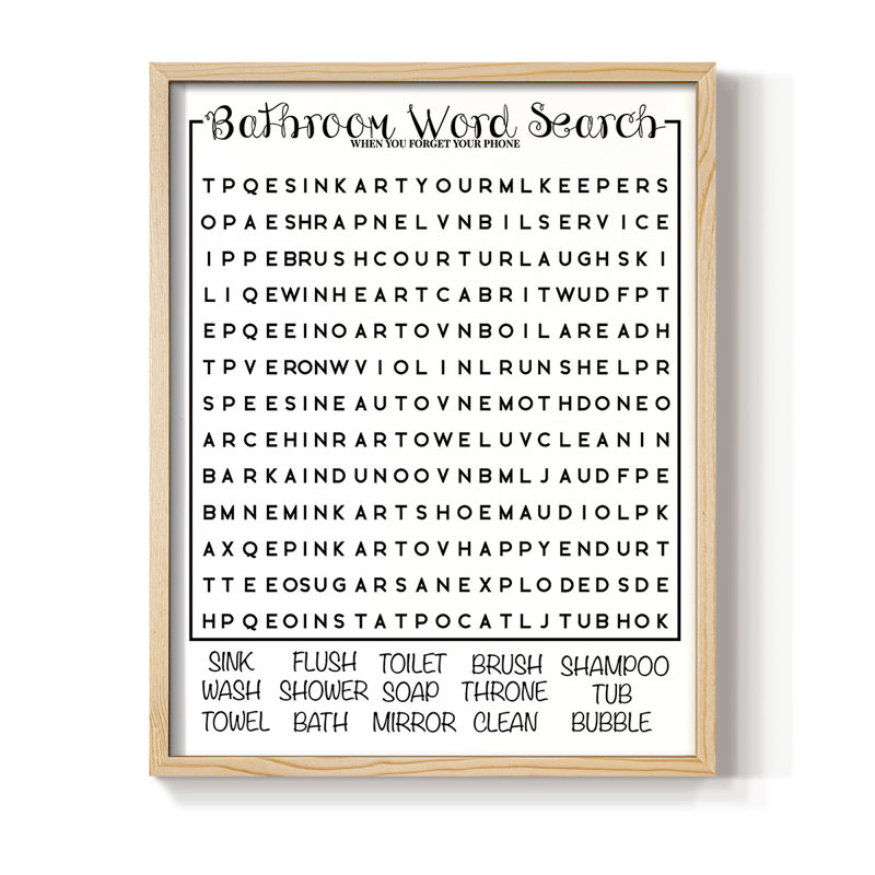 Bath Word Search Framed Print - Solid Wood, Natural, 11" H x 9" W