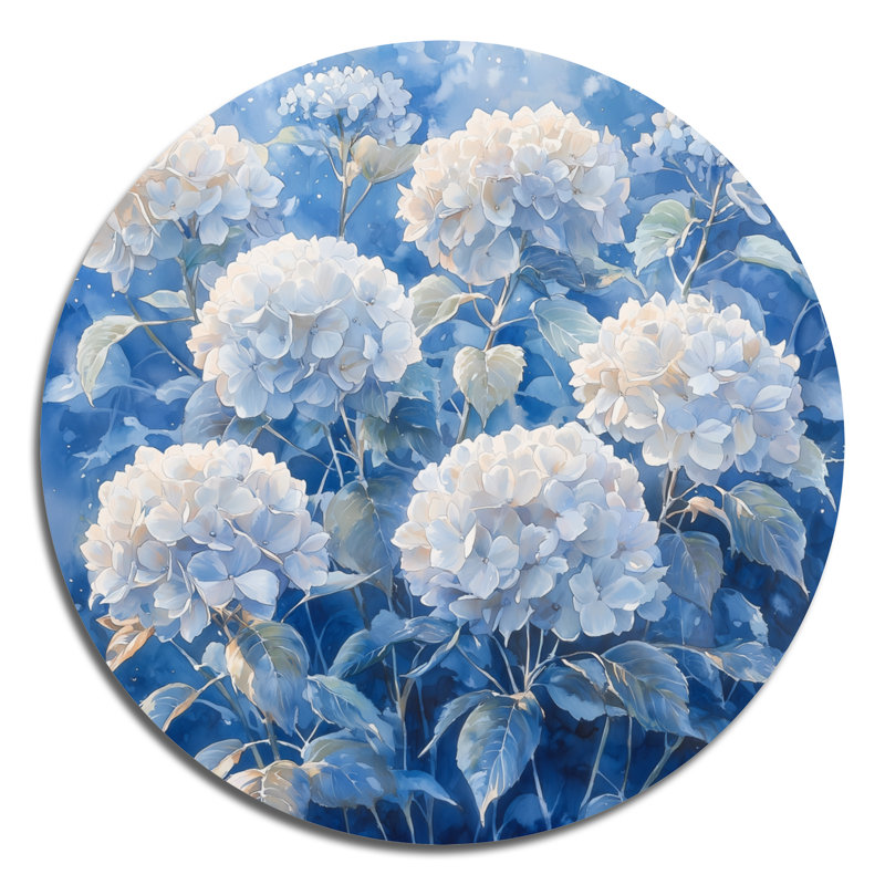 Hortensias dans le jardin d'hiver - art mural traditionnel blanc en métal, hydrangées rondes, H 16 po x l 16 po