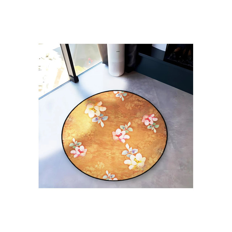 Dark Beige Themed Floral Patterned Round Woven Base Modern Decorative Carpet, Round 2'8"