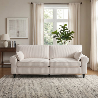 Corduroy Sofa Couch 3-Seater Sofa with Rolled Arms, Removable Cushions, Iron & Wood Frame, Modern Upholstered Living Room Sofa, Center Support Le