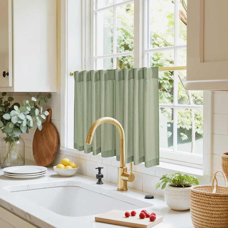  Kitchen Curtains for Small Windows 2 Tier Panels Back Tab Pocket Burlap Linen Sheer Cafe Curtain for Bathroom Cabinet,Farmhouse Window Covering