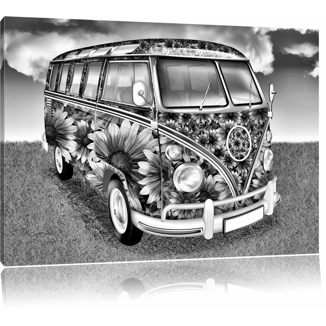 Leinwandbild Kult 60´s Flower Power Hippie Bus in Monochrom