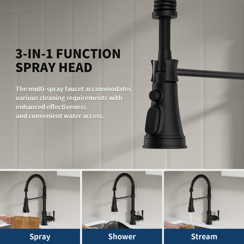 Single-Handle Pull-Down Sprayer Coil Spring High-Arc Kitchen Faucet With Deckplate Sink Faucet In Matte Black, Matte Black