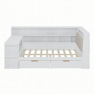 L-shaped Wooden Daybed with Desk and Storage Bookcase, Corner Bed with Upholstered Headboard and Under-bed Drawers and LED Light for for Bedroom Living Room