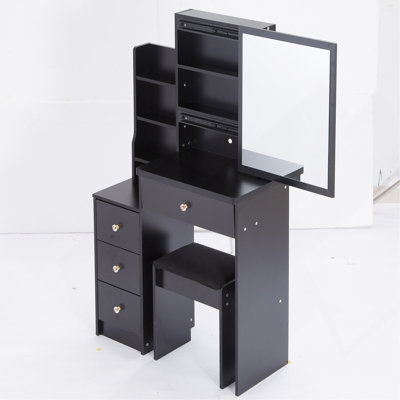 Table de coiffeuse 29,2 po avec petit tabouret, tabouret rembourré, rangement multi-couches grande capacité, commode pratique