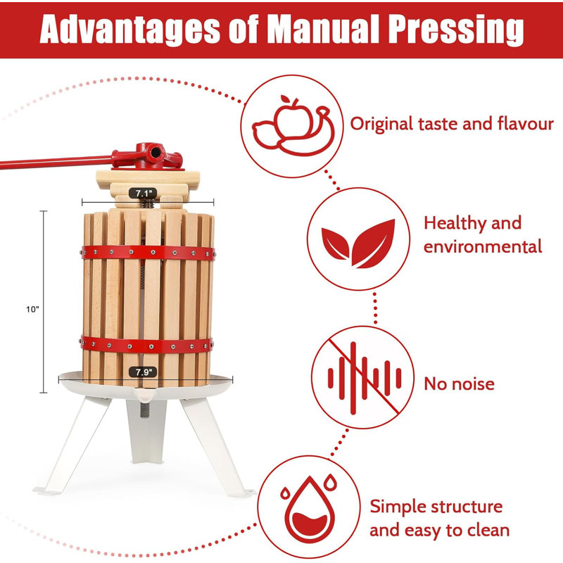 1.6 Gal Manual Fruit Wine Press, Wood Steel Fruit and Wine Press With T-Handle, Stable Triangular Structure, Wine Making Press for Outdoor, Kitchen, Manual Assembly Required