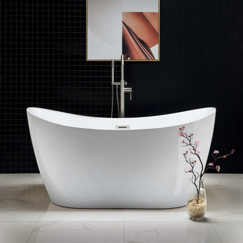 Baignoire de trempage autoportante en acrylique à double fond antidérapant 59 po x 28,75 po Vital, Blanc, Nickel brossé