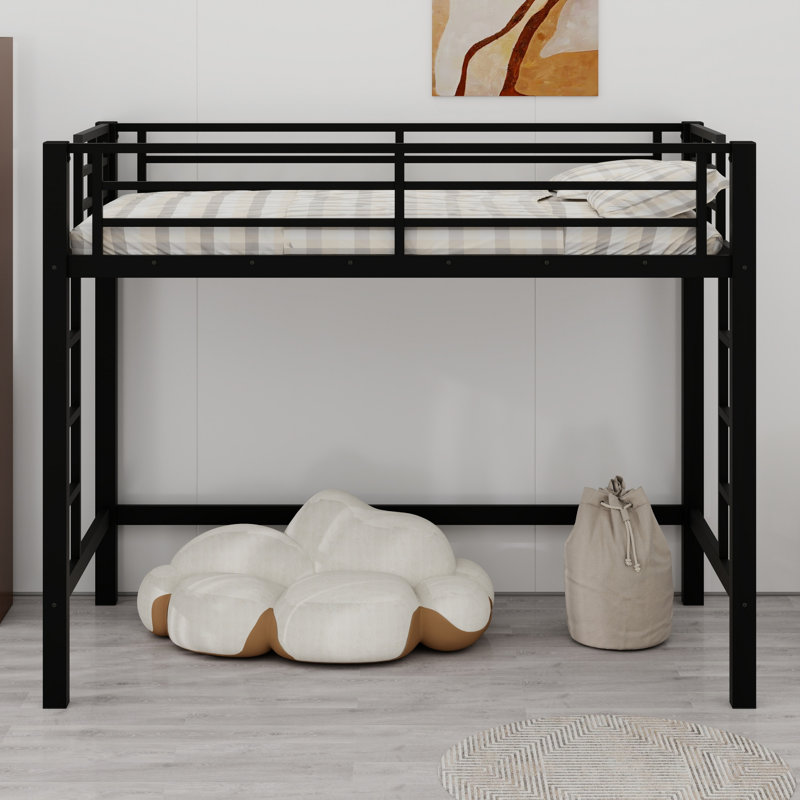 Metal Loft Bed With Ladder And Guardrails, Twin