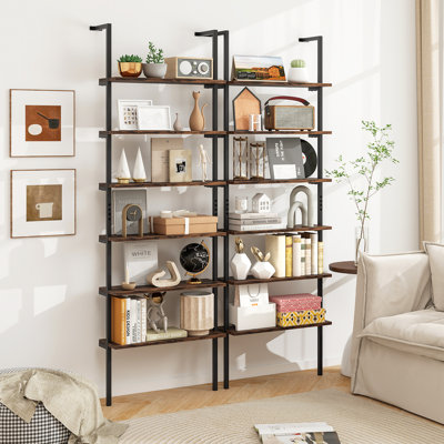 2 PCS 6-tier Ladder Shelf 72 Inches Industrial Wall Mounted Bookshelf