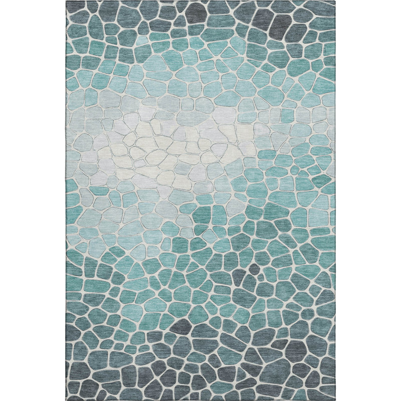 Tapis géométrique de qualité supérieure lavable à la machine Mayfield AMF2190, Sarcelle, 2 pi 6 po x 3 pi 10 po