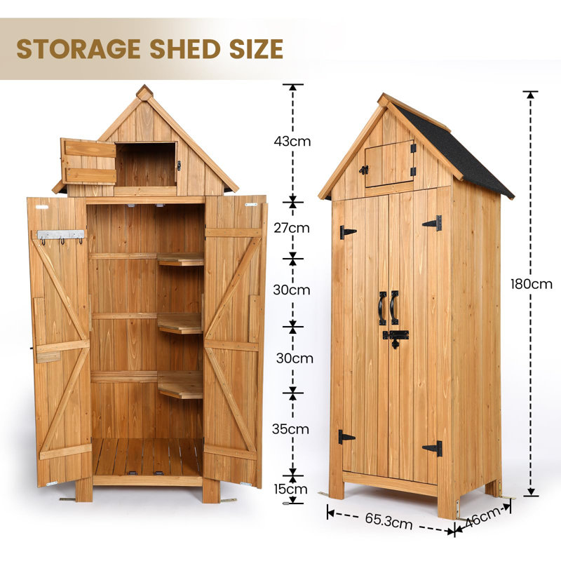 Remise de rangement pour l'extérieur, petite remise à outils de jardin imperméable avec 4 tablettes et porte verrouillable, armoire de rangement compacte en bois pour les patios, les cours arrière, les balcons, naturel