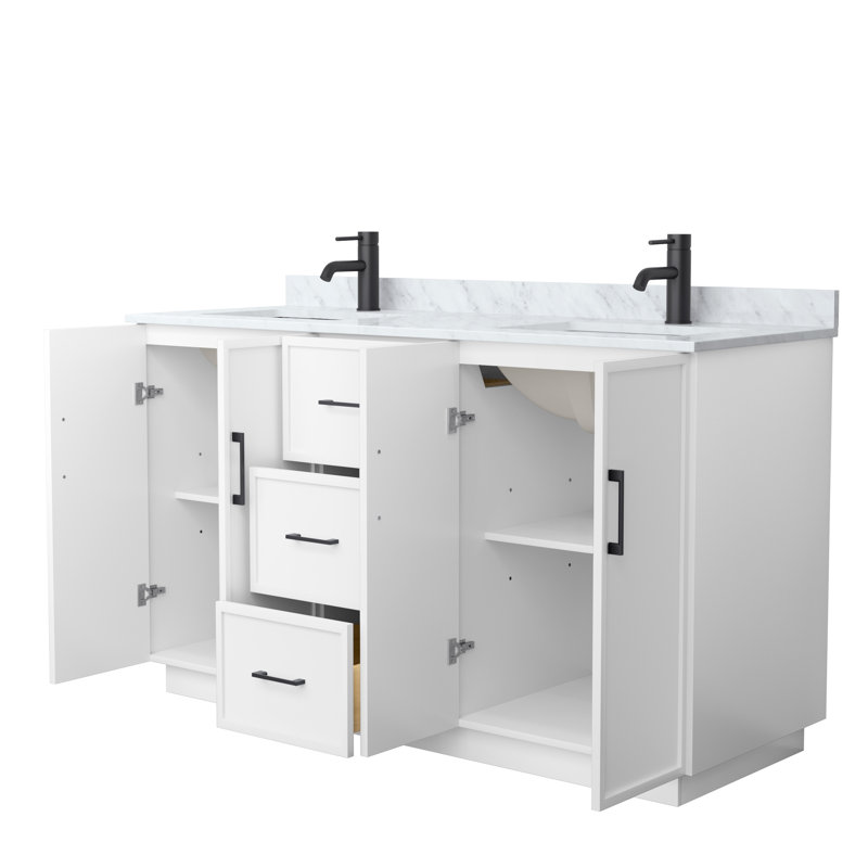 Elan TK 66" Freestanding Double Bathroom Vanity with Marble Top, White, Brushed Nickel, 60"