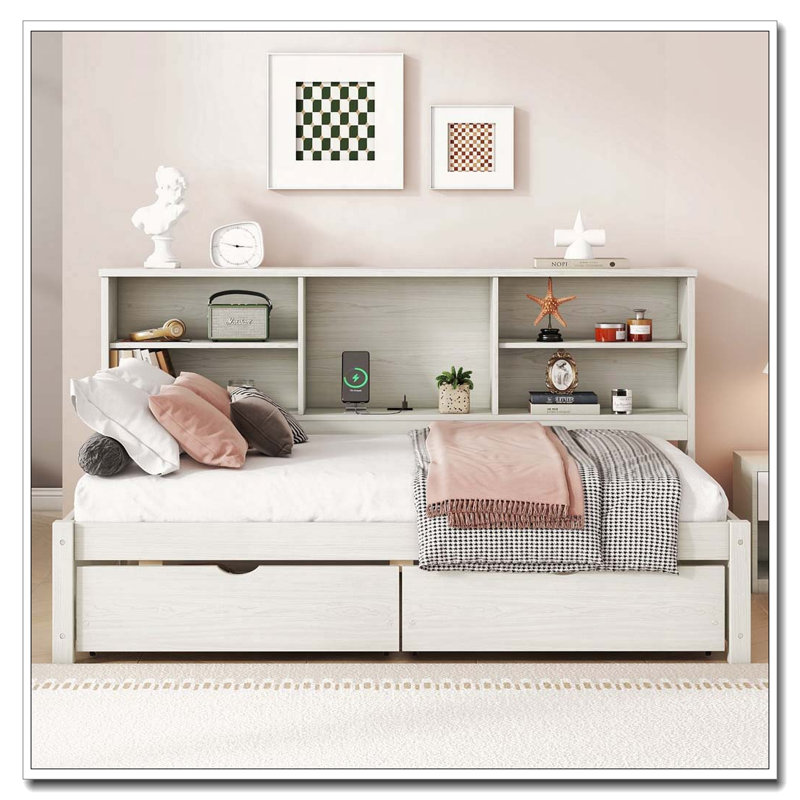 Wood Storage Daybed Frame With Side Bookshelves, Two Drawers, And Built-in USB Port, Creamy White
