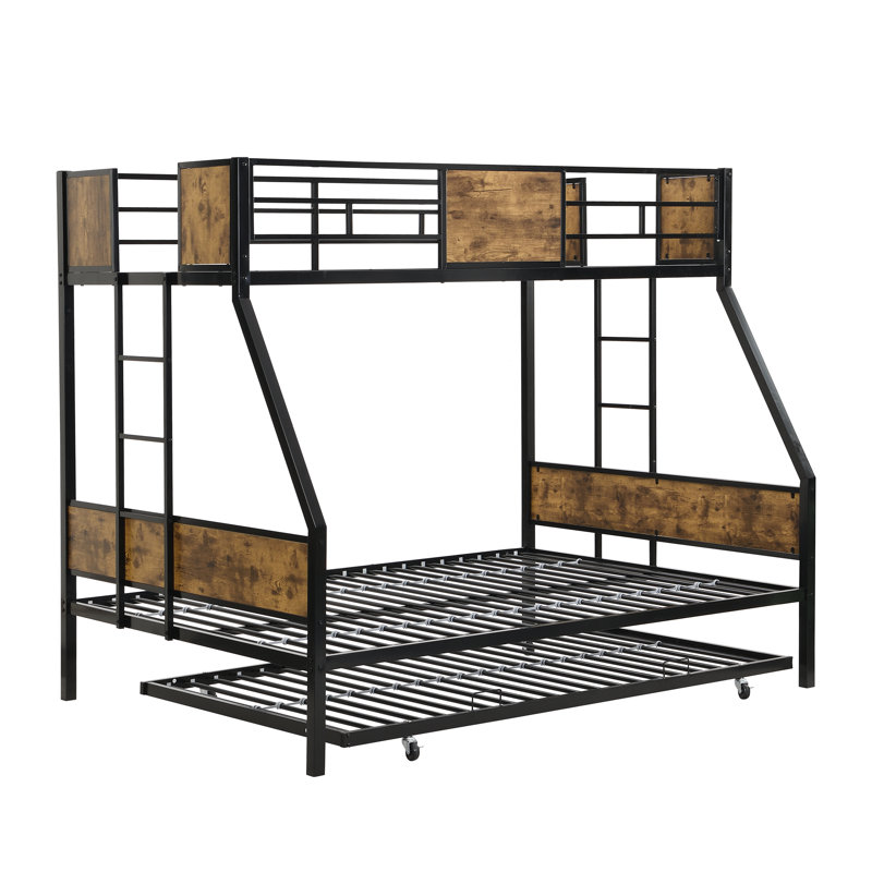 Lit superposé simple au-dessus d'un lit double en métal avec échelle à 2 côtés et garde-corps sur toute la longueur, sans sommier, grand rangement sous le lit, assemblage facile, noir et brun