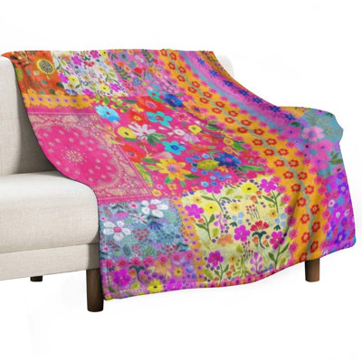 Vibrant Floral Patch Luxury Flannel Throw Blanket, Soft Warm Fuzzy Blanket for Living Room Sofa Bed Home Decor