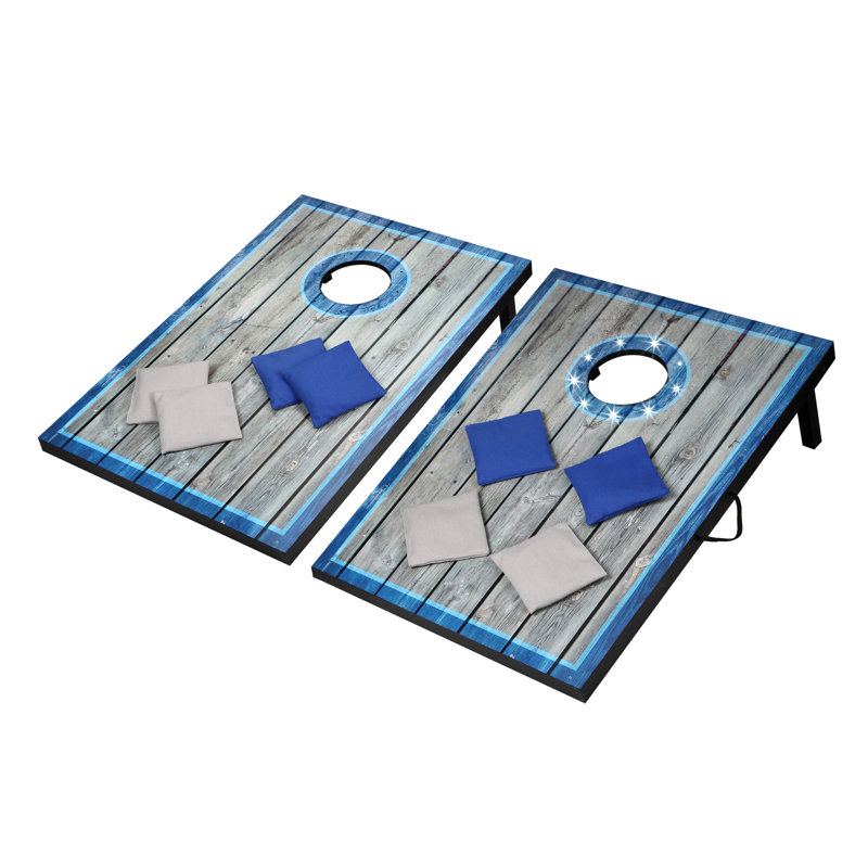 Distressed Wood LED Cornhole Set with Blue and White Bean Bags