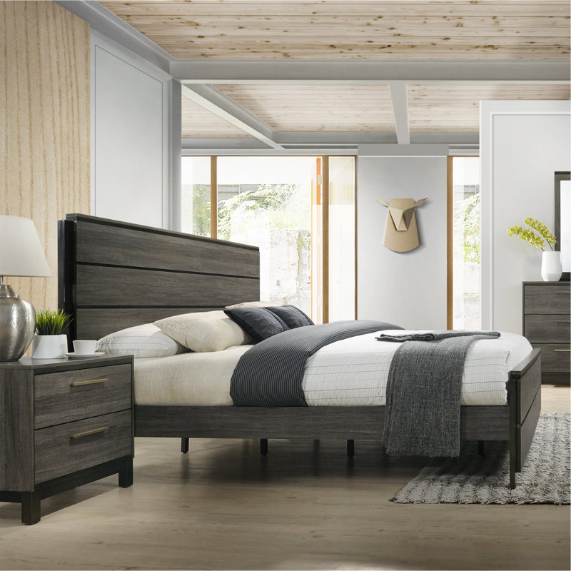 Ensemble de chambre à coucher au fini gris antique Ioana, grand lit, commode, miroir, table de chevet, commode