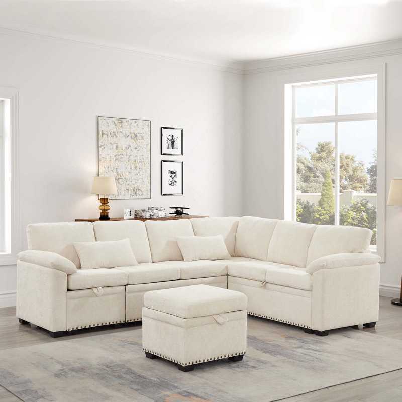 Canapé modulaire en L avec repose-pieds avec rangement et repose-pieds pour le salon, Beige