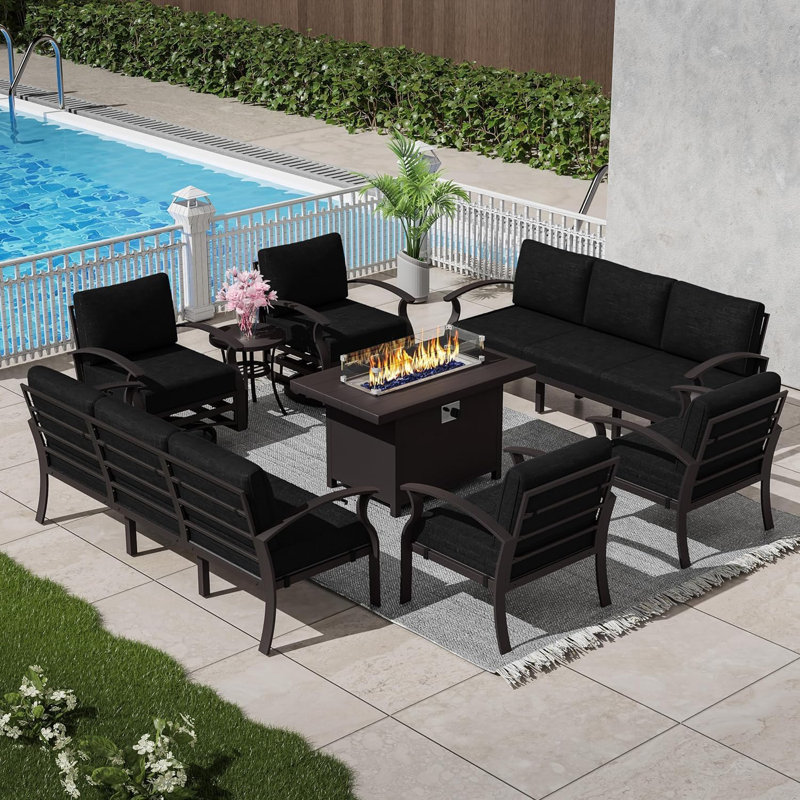 Fauteuil pivotant et coulissant avec ensemble de conversation en aluminium pour 10 personnes Ilonka, Noir