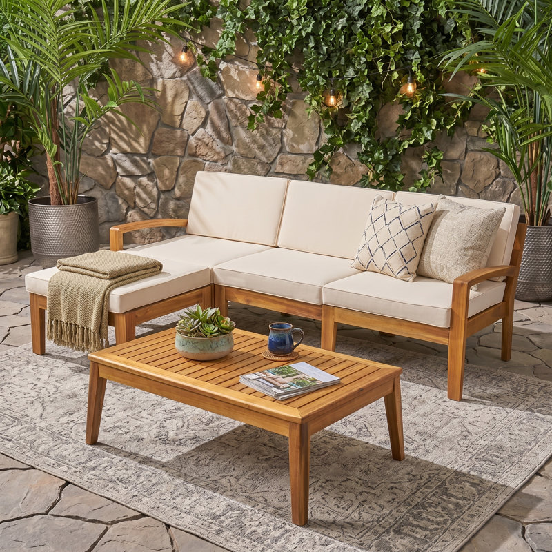 Ensemble de canapés d'extérieur en bois d'acacia de 78,25 po en L 3 pièces avec table basse, teck / beige