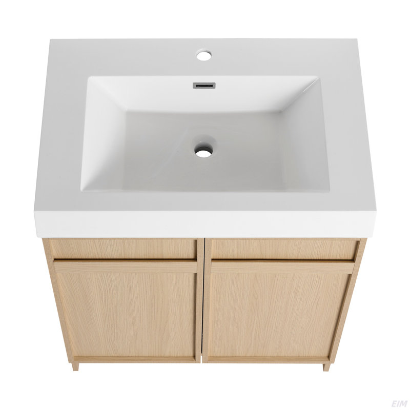 Meuble-lavabo autoportant de 30 po avec lavabo en résine blanche et 2 portes d'armoire à fermeture en douceur ((KD-PACKING)
