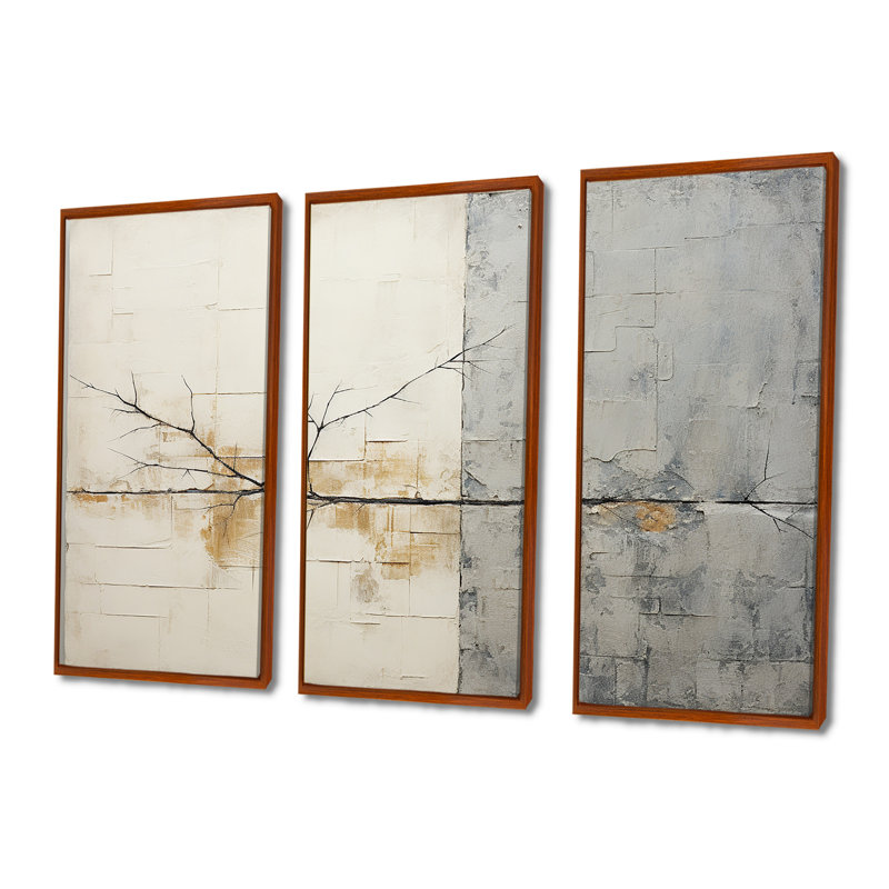 Ensemble de décorations murales formes abstraites grises et blanches, H 28 po x l 36 po x P 1 po, Cadre flottant brun