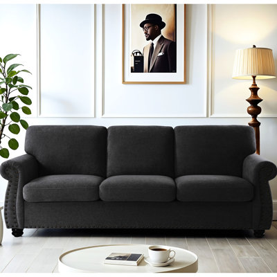 Canapé élégant en velours noir 3 places avec coussins de dossier amovibles et rembourrage en mousse haute densité, pieds en bois massif, design moderne du milieu du siècle pour la maison et le bureau, style salon.