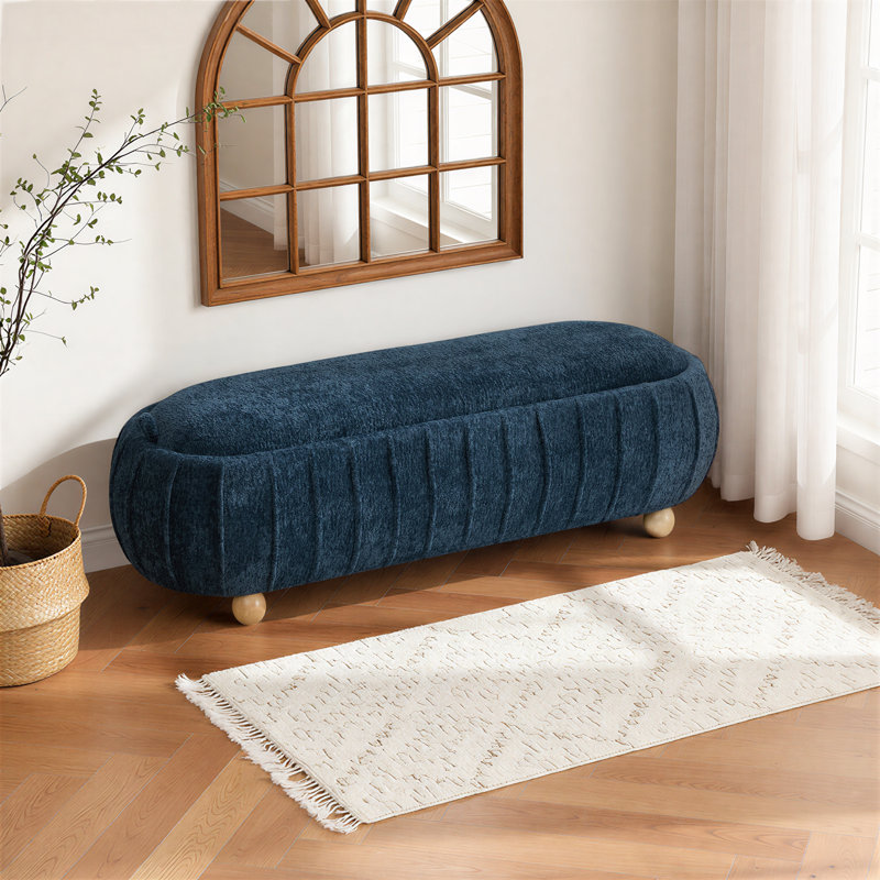 Banc de rangement moderne capitonné de 55 po de largeur avec couvercle rabattable et pieds en bois d'hévéa, Bleu