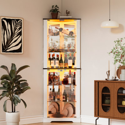 Vitrine de coin 71 po avec lumières à DEL et portes en verre trempé, vitrine avec bande lumineuse, tablettes
