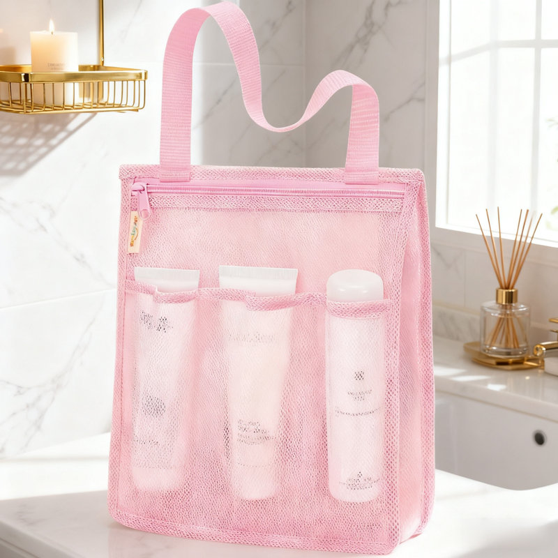 Mesh Shower Caddy Portable, Gym Travel Camp Dorm Room Essentials For Women And College Girl, Pink Bathroom Shower Bag