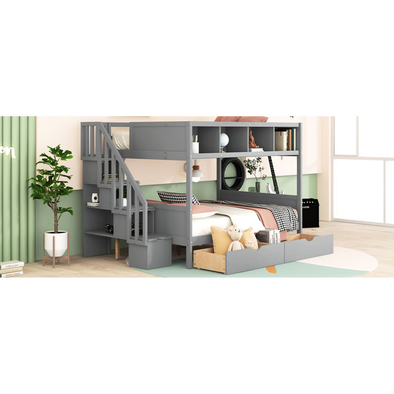 Lit superposé simple au-dessus d'un lit double gris avec tablettes, escalier de rangement, 2 tiroirs - facile à ranger et couvertures de feuilles de livres