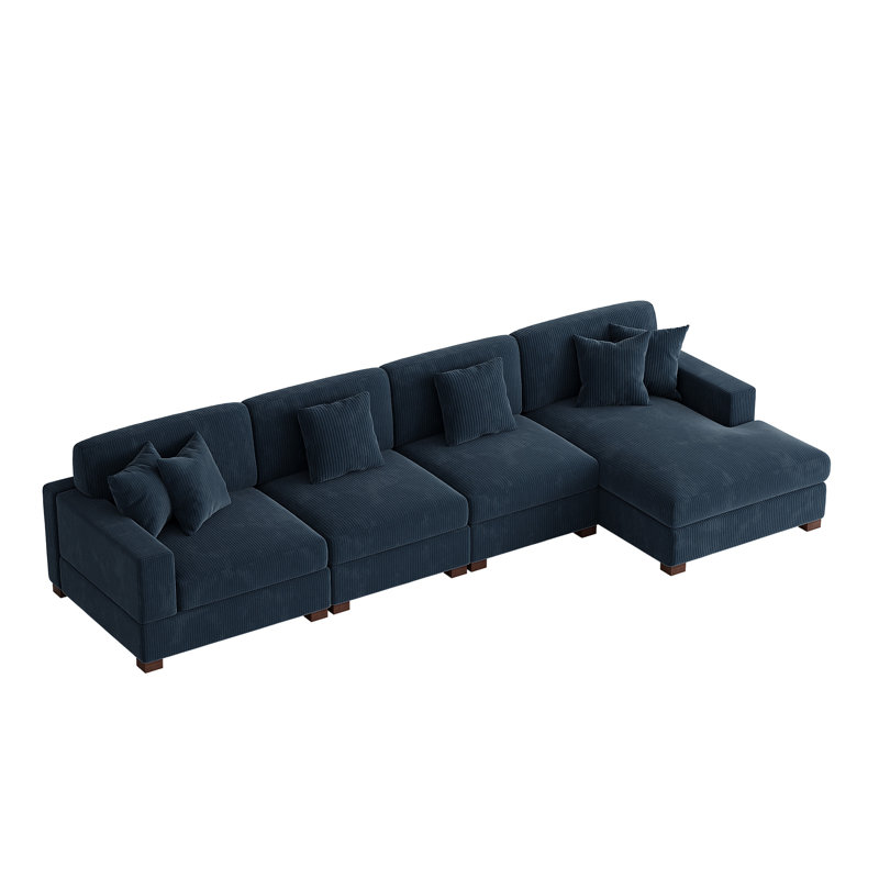 Canapé modulaire 4 pièces en velours côtelé, Velours côtelé bleu marine, H 33,2 po x l 150,8 po x P 63 po, Orienté à droite