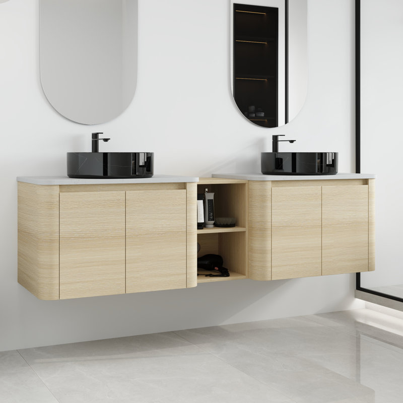 Ensemble de meuble-lavabo double mural 72 po avec lavabo en céramique et tablettes Greythor, ensemble de meuble-lavabo double 72 po avec plateau en pierre reconstituée