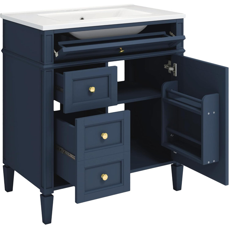 Meuble-lavabo simple autoportant avec 3 tiroirs et armoire Oriah, Bleu foncé - incorrect, Or