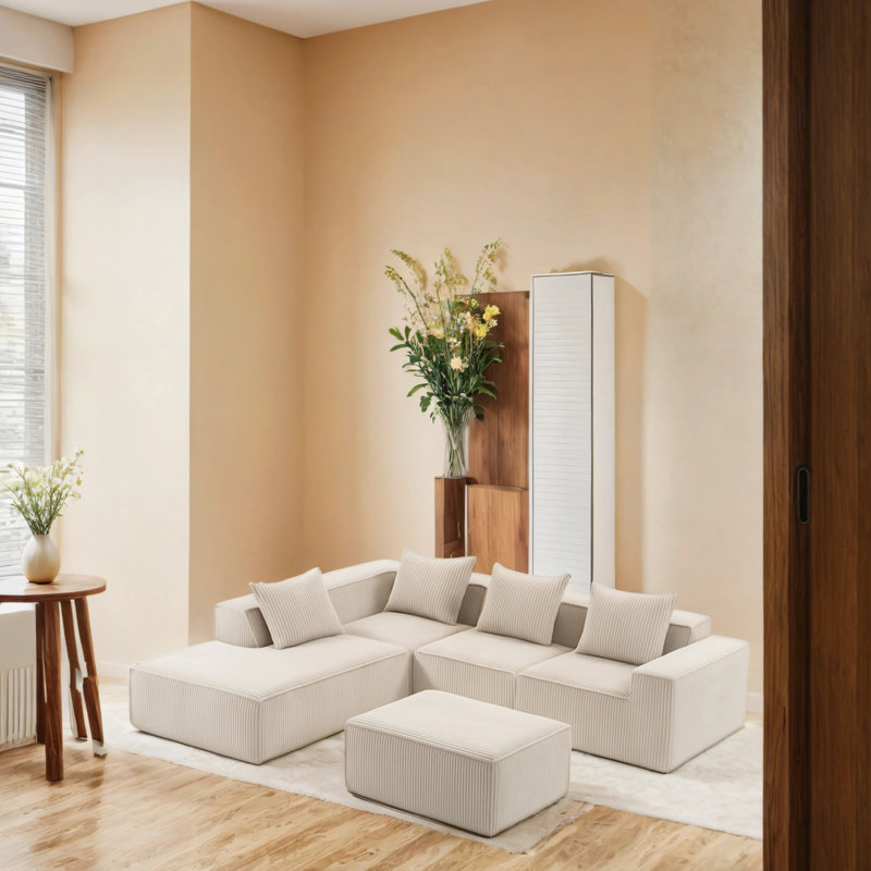 Canapé modulaire en velours avec repose-pieds, Velours côtelé beige