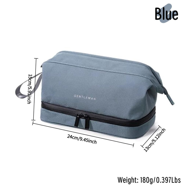 Trousse de toilette imperméable en tissu bleu pour homme avec compartiments secs et humides, grande ouverture pour un accès facile, fermeture à glissière durable, parfaite pour les voyages et l'utilisation quotidienne