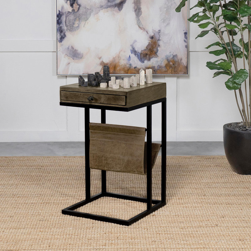 Table d'appoint à 1 tiroir avec toile en similicuir tabac