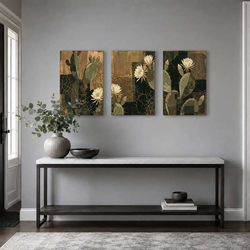Ensemble de 3 toiles de cactus prickly avec fleurs blanches, 36"H x 24"W x 3pcs