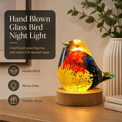 3.7-Inch Crystal Bird Light with Colorful Glass Bird Figurine and LED Wooden Base, Bird-Lover Birthday Gift and Home/Office Desk Decor
