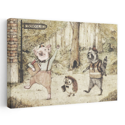 First Day In School Whimsical Abstract Contemporary Animal Forest Wall Art Print 1 Piece Wrapped Canvas Wall Art