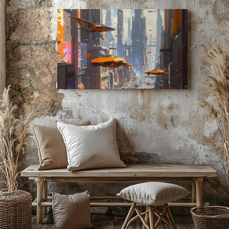 Toile, art mural futuriste, néon, paysage urbain, 9" H x 12" W