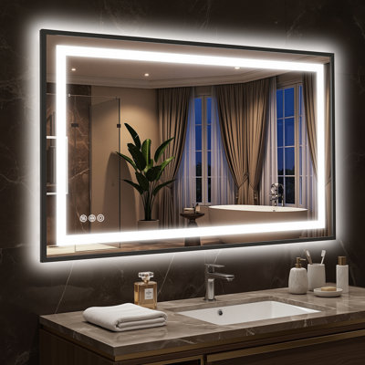LED Bathroom Mirror with Lights, Vanity Mirror for Wall with Black Frame, Touch Control, Anti-Fog, Dimmable Lights, Shatter-Proof, Memory Function, Wall-Mounted Vanity Mirrors