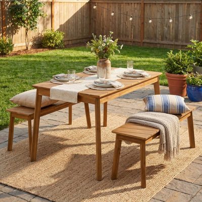 Ensemble de salle à manger 3 pièces pour table d'extérieur en bois d'acacia avec 2 bancs, table de pique-nique pour la terrasse et porche