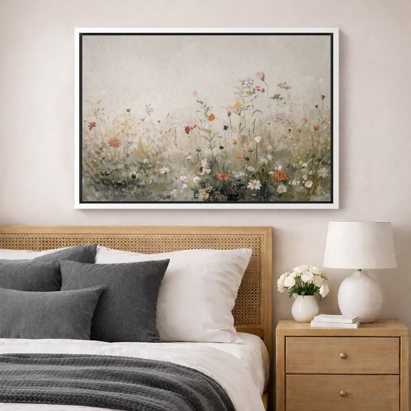 «Minimal Wildflower Meadow», art de chambre à coucher, impression sur toile encadrée, Cadre flottant blanc, H 24 po x l 36 po