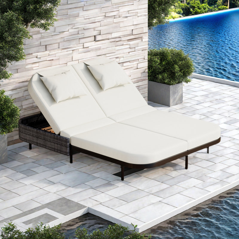 Outdoor Daybed, Patio Rattan Daybed With 5-Position Adjustable Backrest And Removable Cushions&Pillows, Iron Frame Outdoor Bed Loveseat For Garden