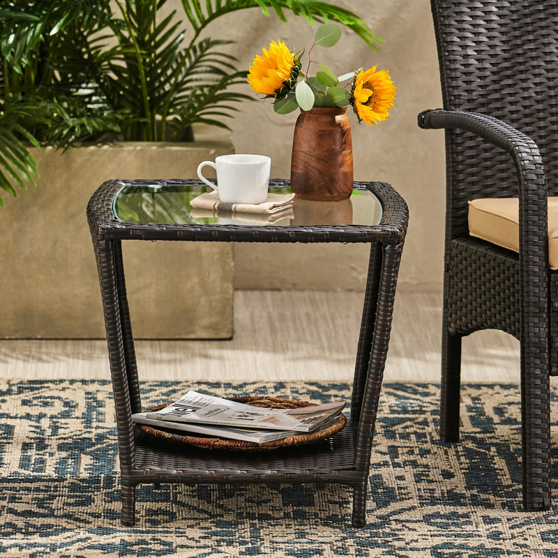 Table d'appoint d'extérieur - avec plateau en verre, brun, l 20 po x P 19,3 po, buvant contemporain H 18,18 po