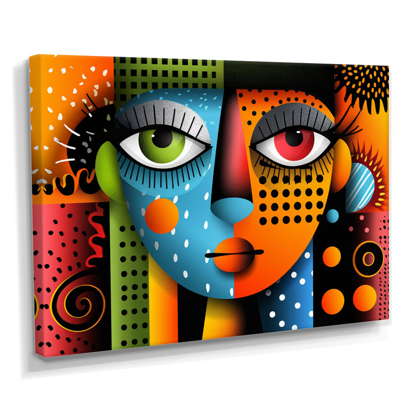Portrait géométrique essentiel orange et bleu - femme moderne, H 12 po x l 20 po x P 1 po, Toile tendue