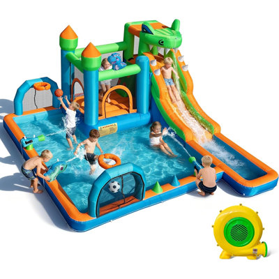 Toboggan aquatique gonflable 9 en 1 pour enfants - Château gonflable dinosaure, parc aquatique avec glissade pour jouer sec ou mouillé - Mur d'escalade, canon à eau, piscine à jets d'eau pour l'intérieur et l'extérieur (3 à 12 ans)
