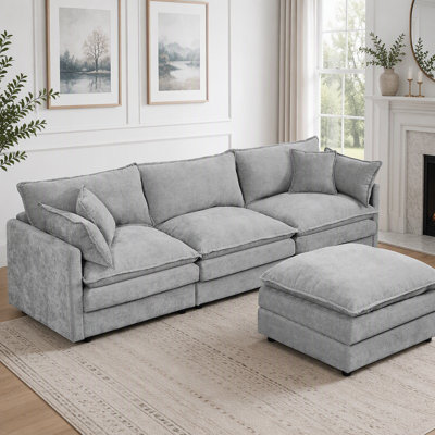L-Shaped Cloud Modular Sectional Sofa with Movable Ottoman, Chenille Upholstery, Grey